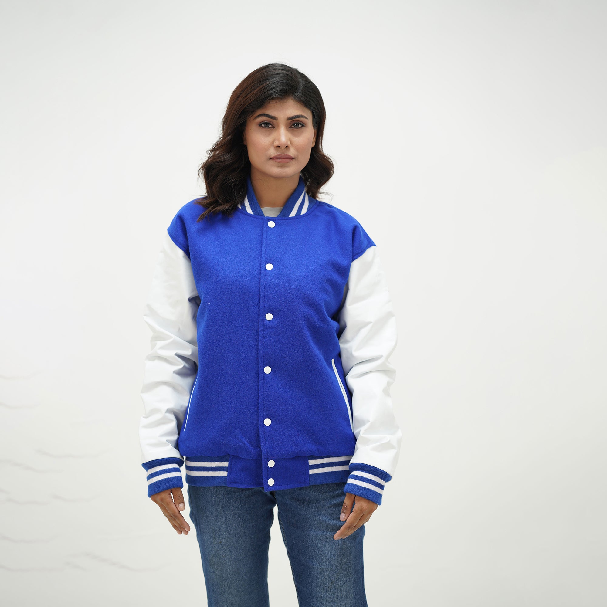 Women's Royal Blue Letterman Jacket Leather Arms And Wool Body Varsity Jacket
