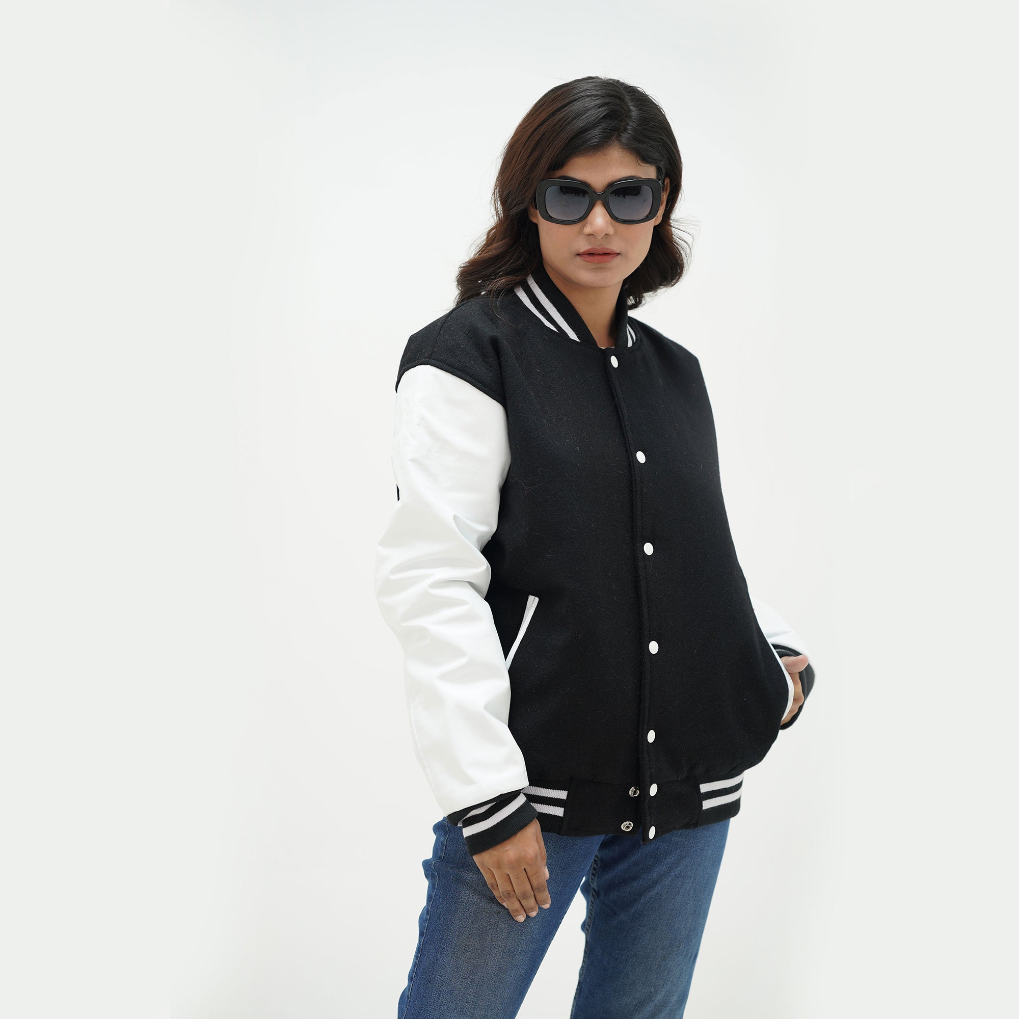 Women's Black And White Letterman Jacket Wool Body Leather Sleeves