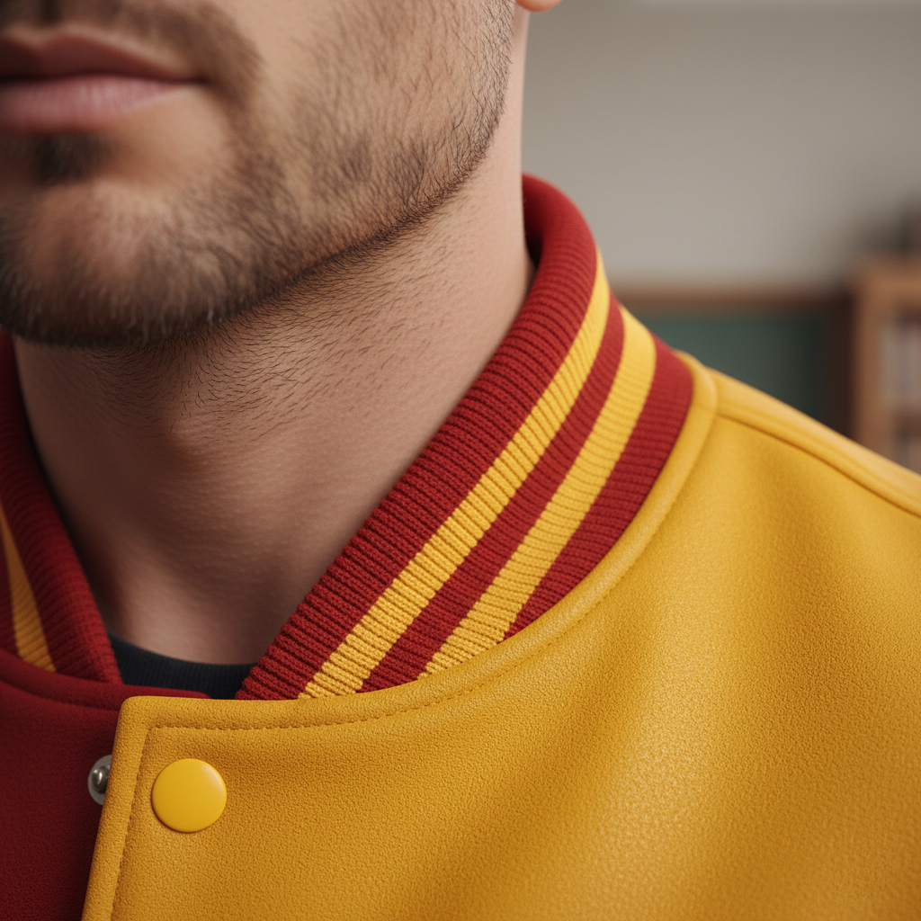 Close-up of a person wearing a yellow and red varsity jacket.