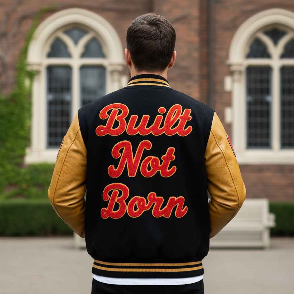 Person wearing a black and gold varsity jacket with 'Built Not Born' text in red.