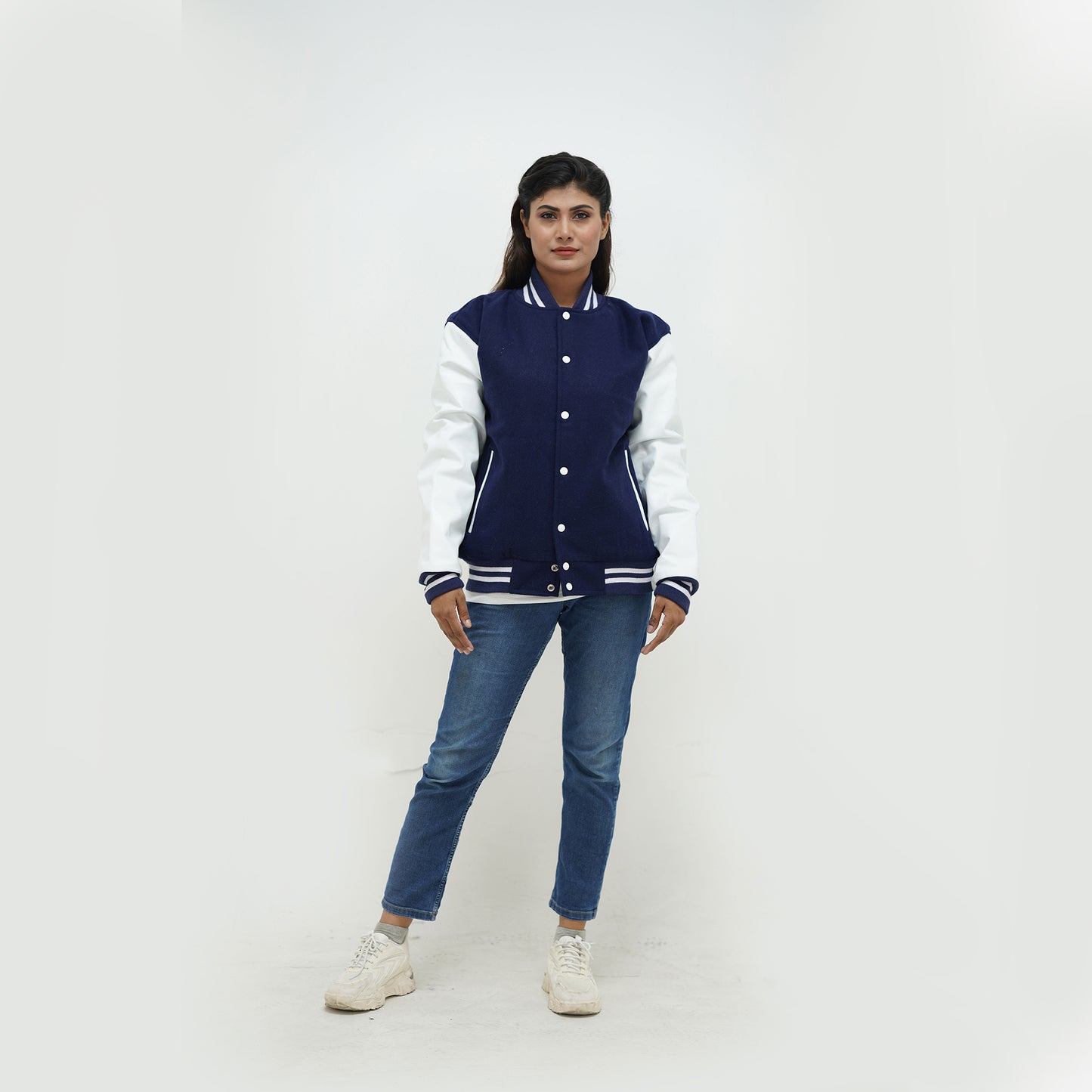 Women's Navy Blue Letterman Jacket Leather Arms And Wool Body Varsity Jacket