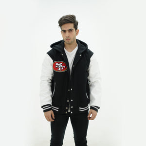 Front view of 49ers hooded varsity jacket with customizable embroidery options and premium black wool white leather construction