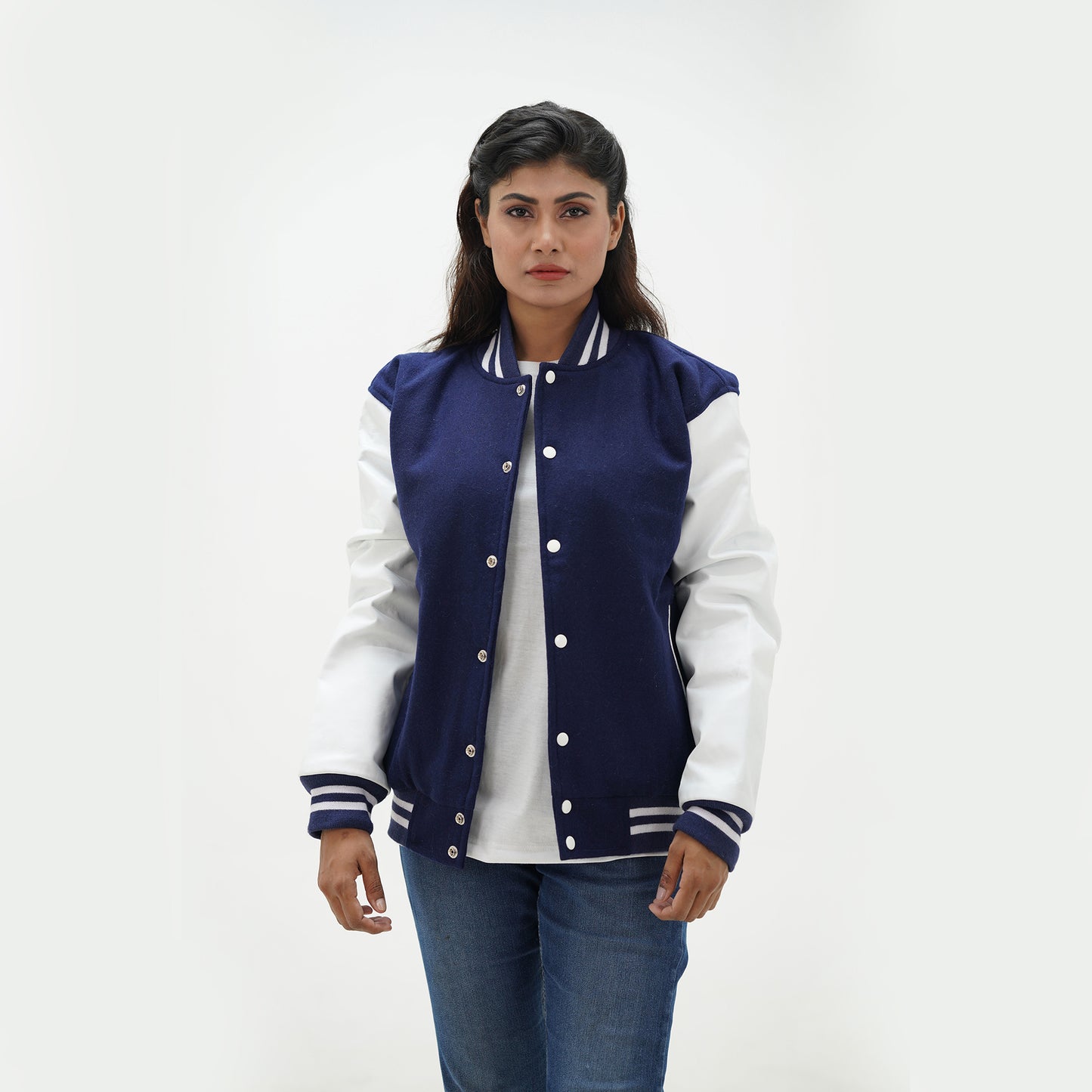 Women's Navy Blue Letterman Jacket Leather Arms And Wool Body Varsity Jacket