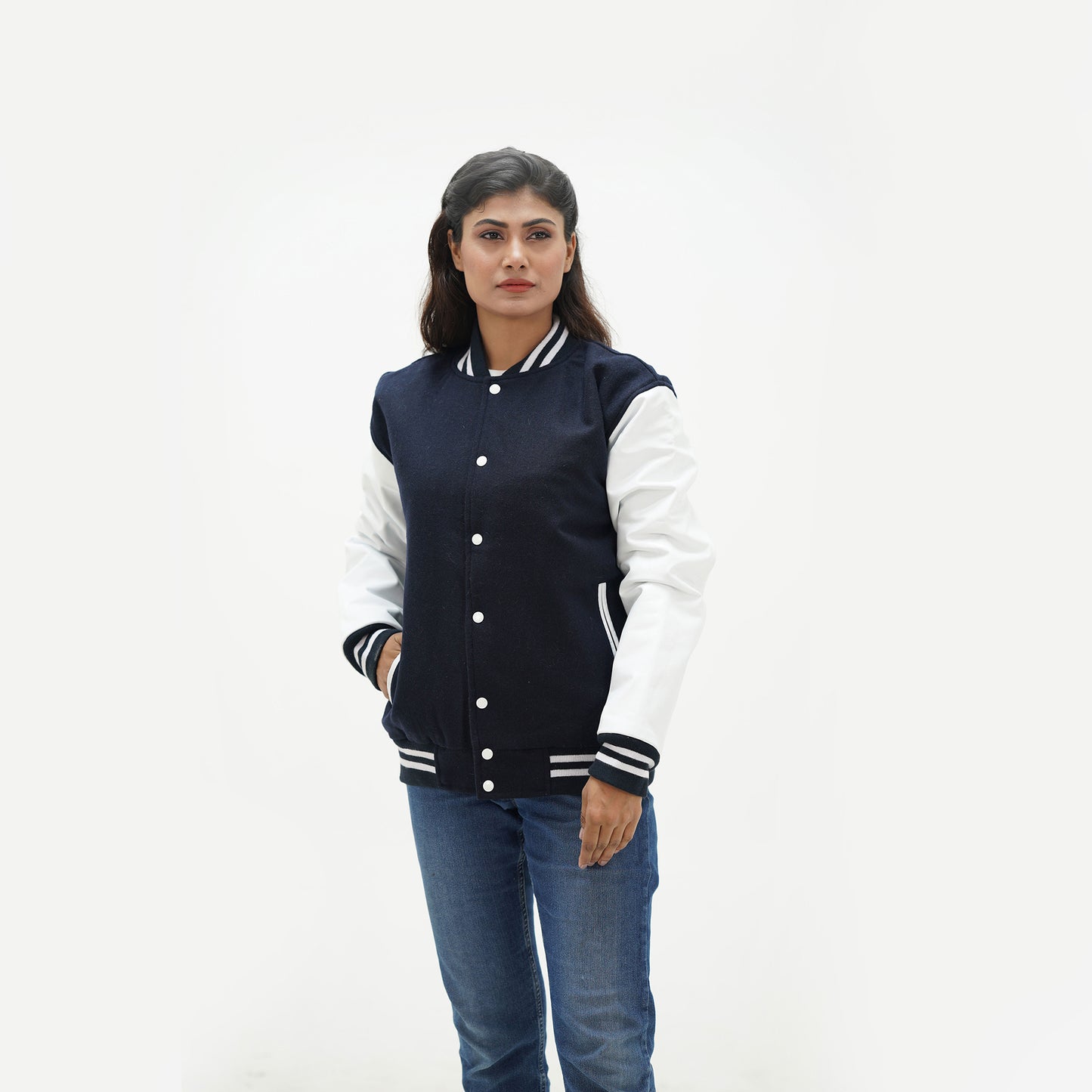 Women's Dark Blue And White Letterman Jacket Wool Body And Leather Sleeves