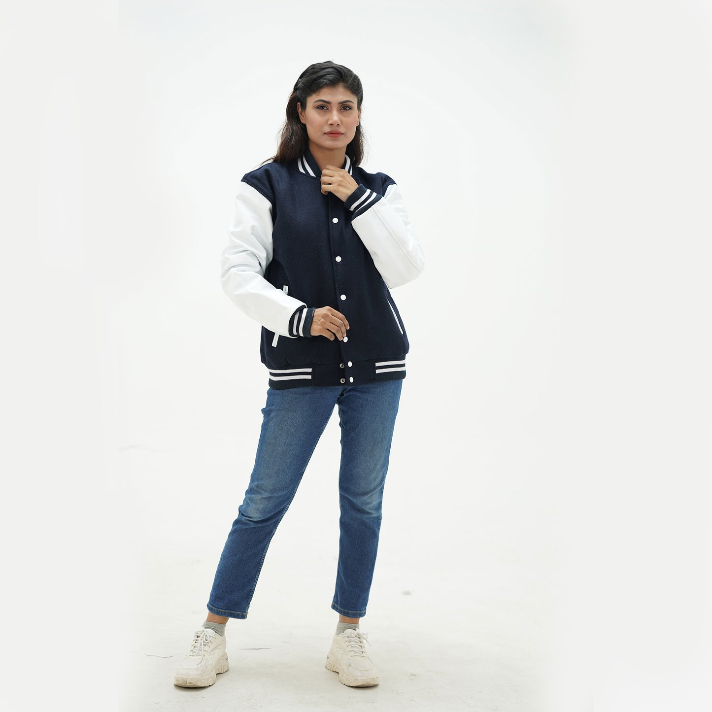 Women's Dark Blue And White Letterman Jacket Wool Body And Leather Sleeves