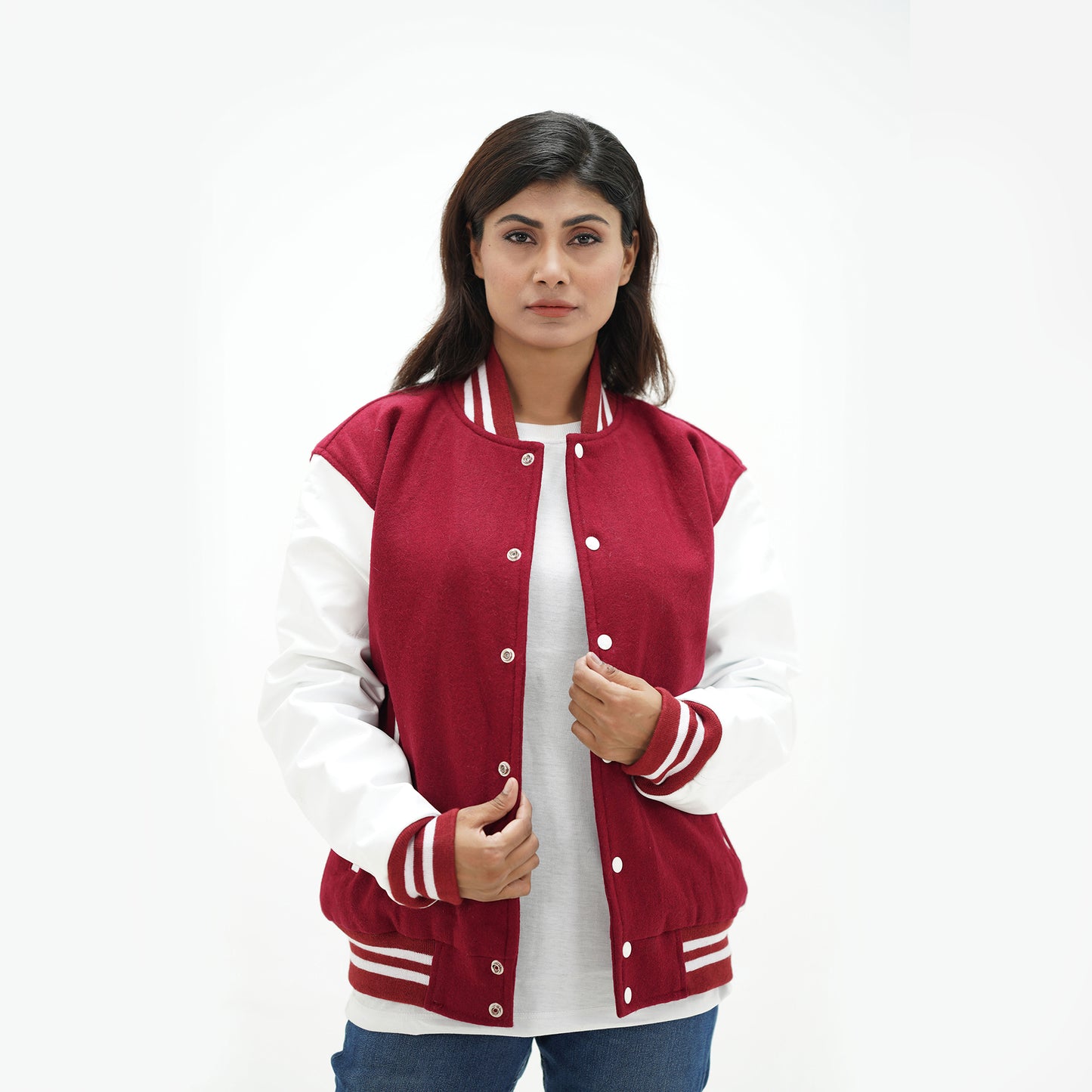 Women's Magenta And White Letterman Jacket Leather Arms And Wool Body Varsity Jacket