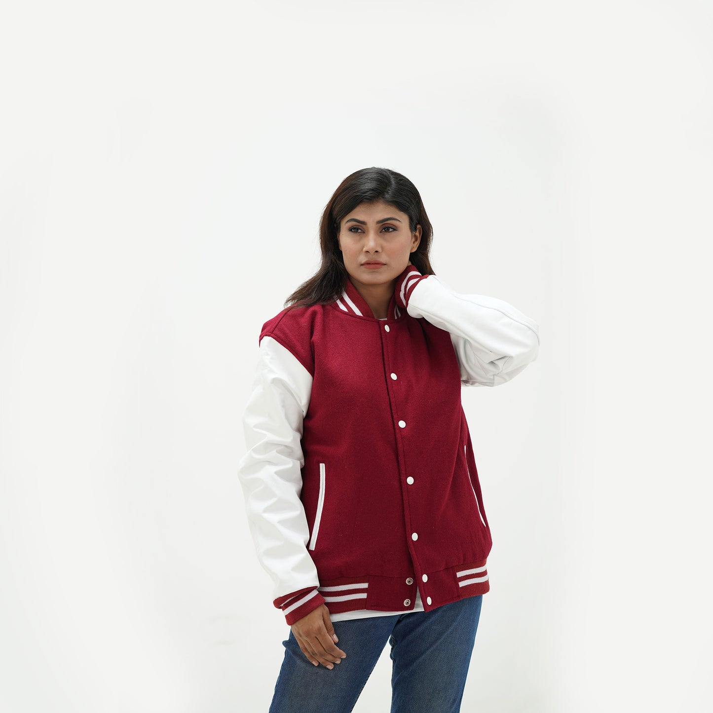 Women's Magenta And White Letterman Jacket Leather Arms And Wool Body Varsity Jacket