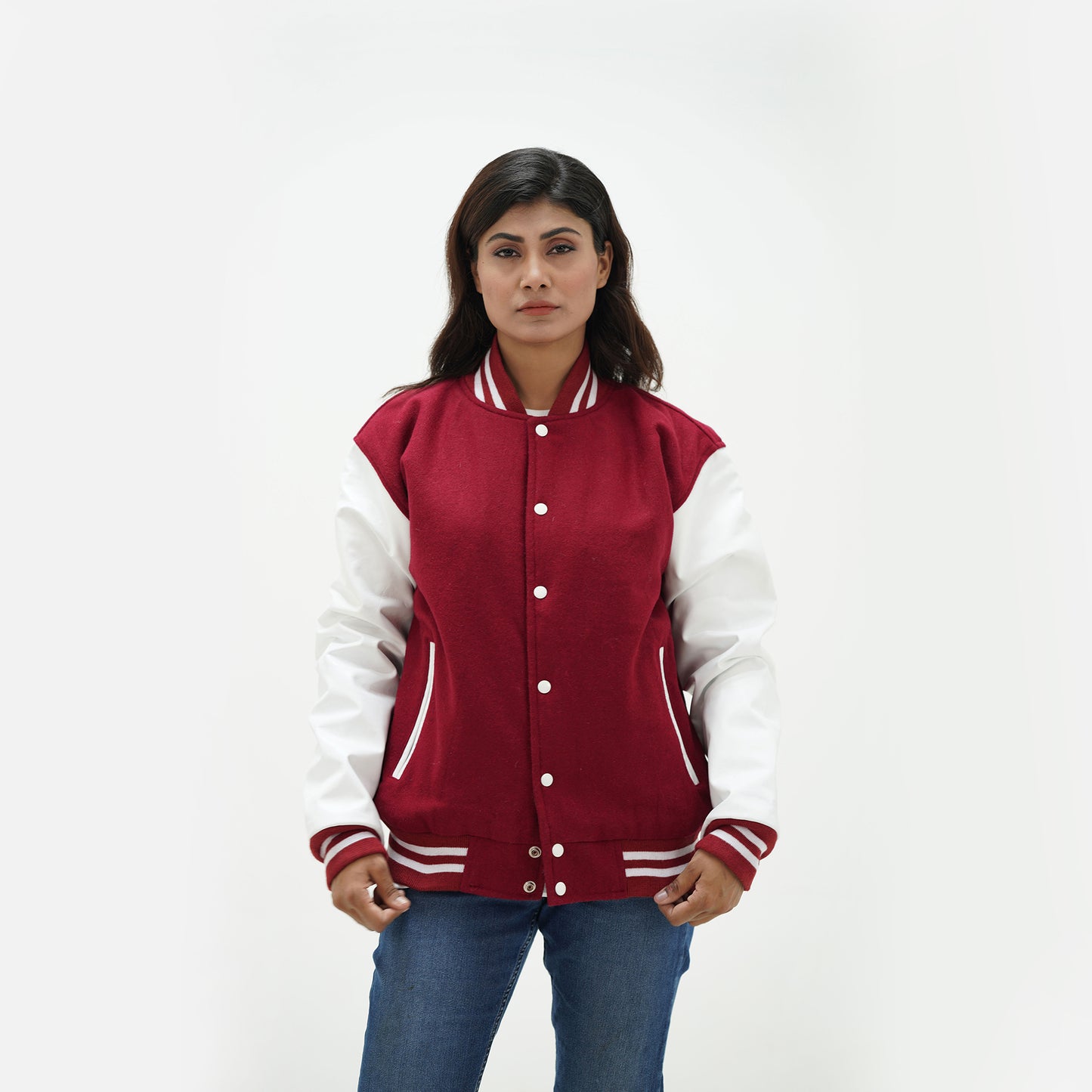Women's Magenta And White Letterman Jacket Leather Arms And Wool Body Varsity Jacket
