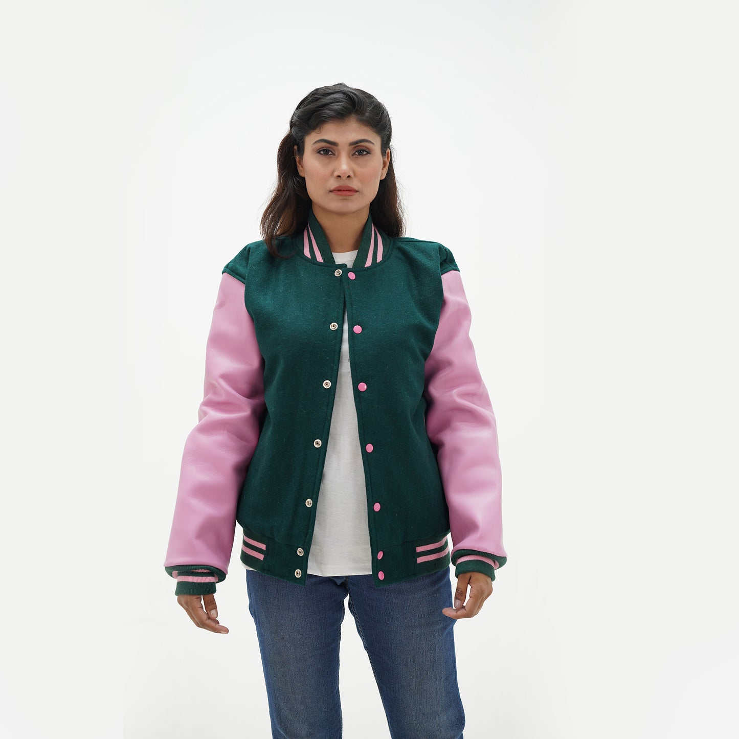 Women's Dark Green Baseball Varsity Letterman Jacket Leather Arms And Wool Body