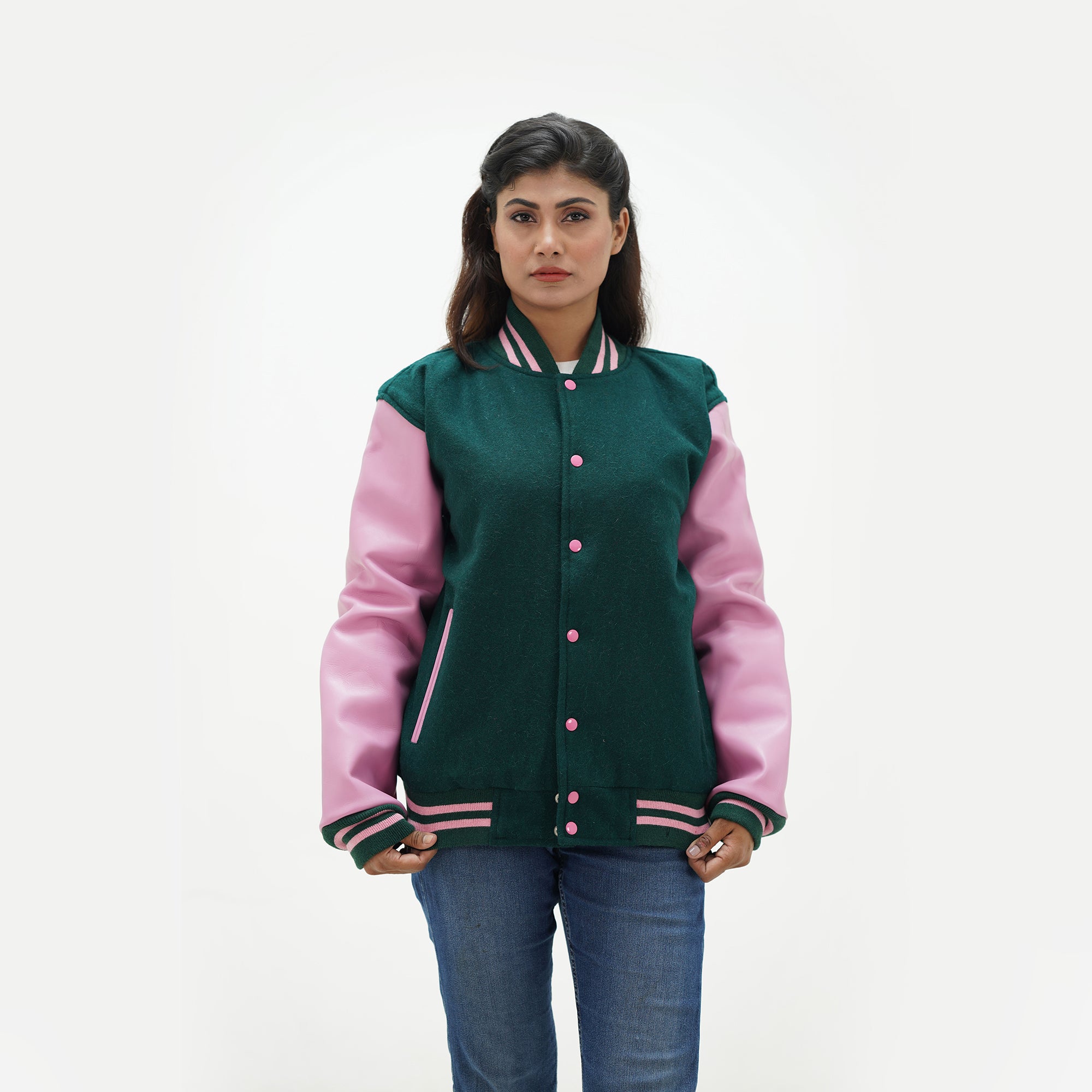 Women's Dark Green Baseball Varsity Letterman Jacket Leather Arms And Wool Body