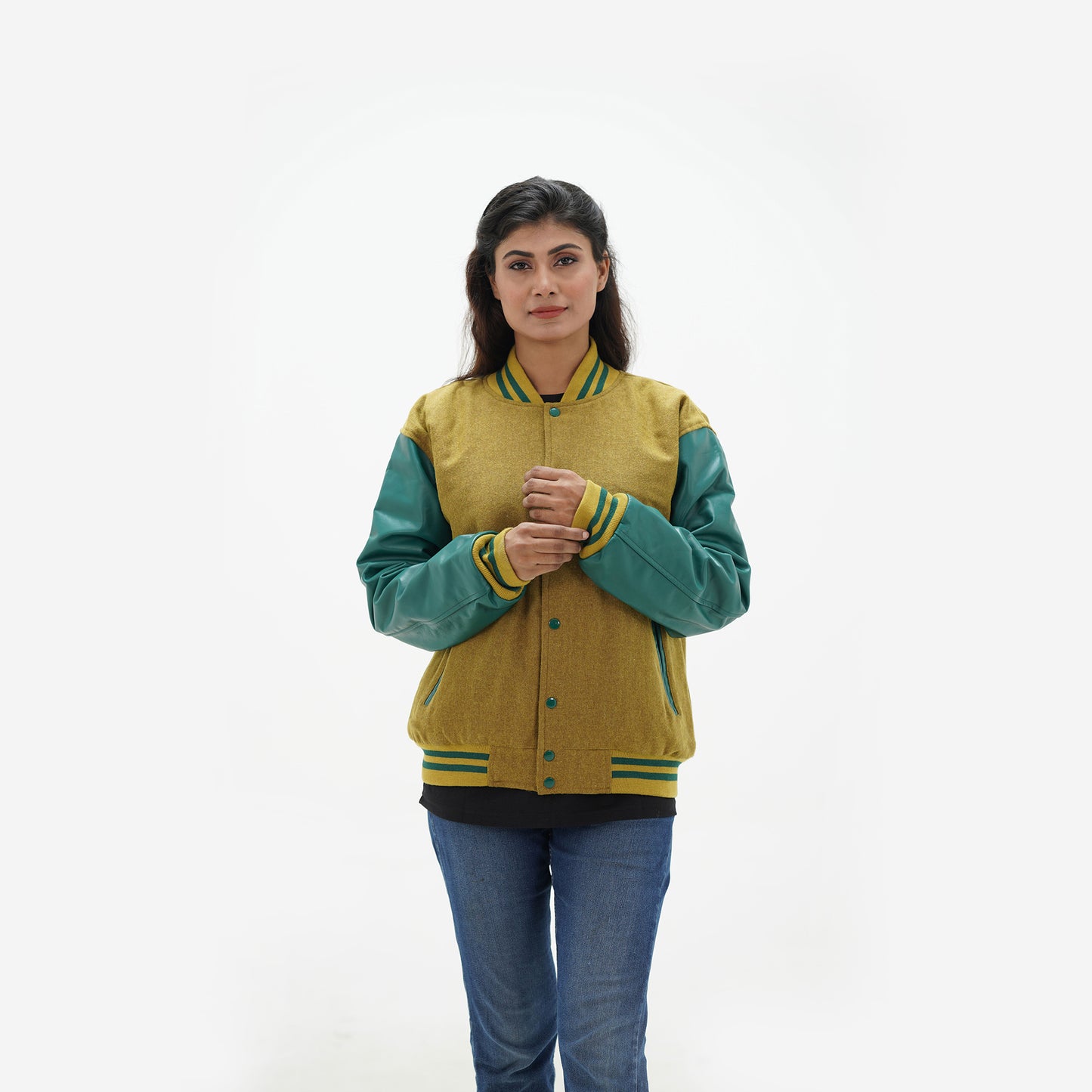 Women's Camel Wool Body And Green Leather Sleeves Varsity Jacket