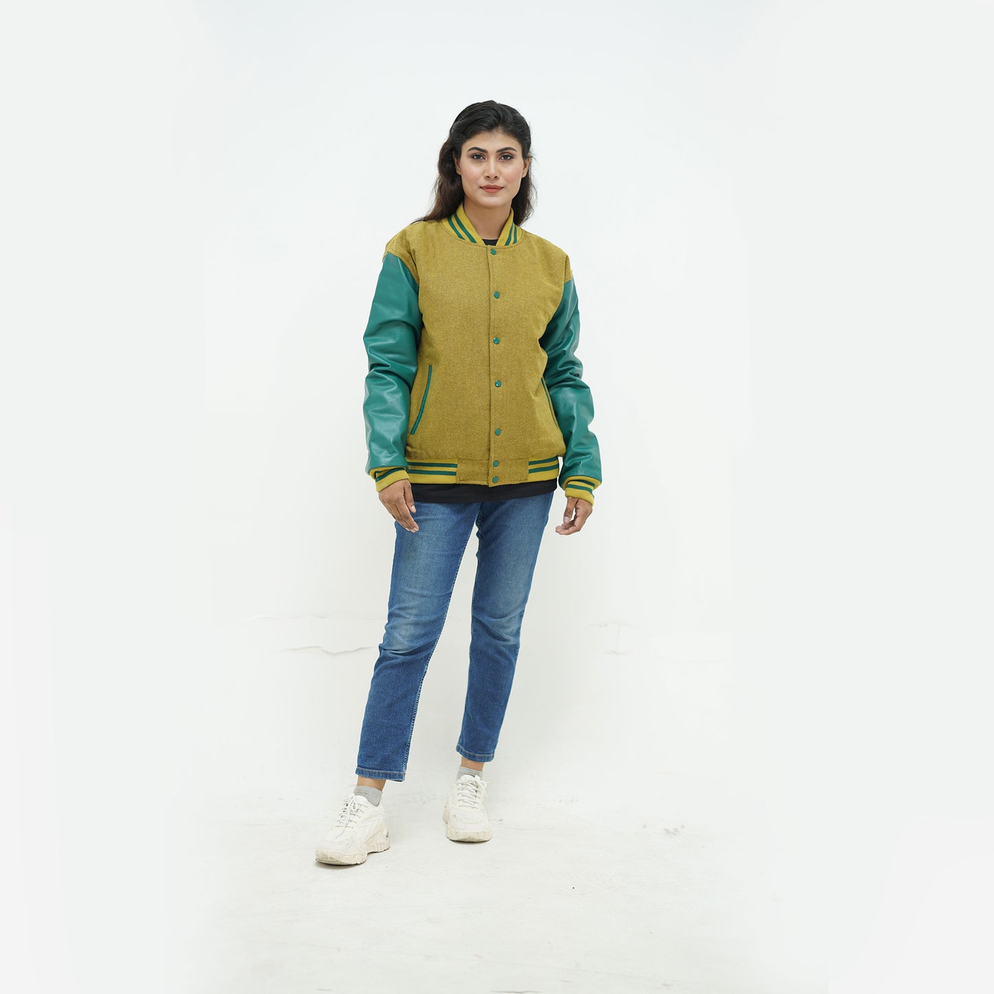 Women's Camel Wool Body And Green Leather Sleeves Varsity Jacket