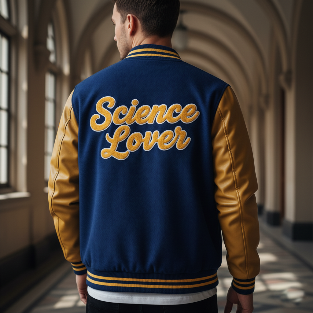 Person wearing a blue and gold varsity jacket with 'Science Lover' text in an indoor setting.