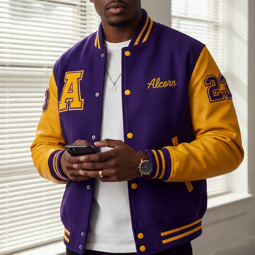 Person wearing a purple and yellow 'Alcorn' letterman jacket holding a phone.