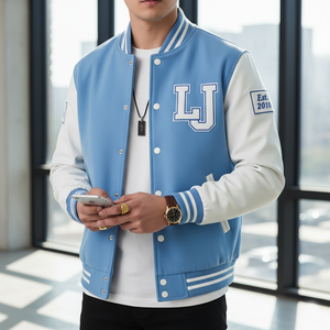 Person wearing a blue and white letterman jacket with 'LJ' initials, holding a phone indoors.