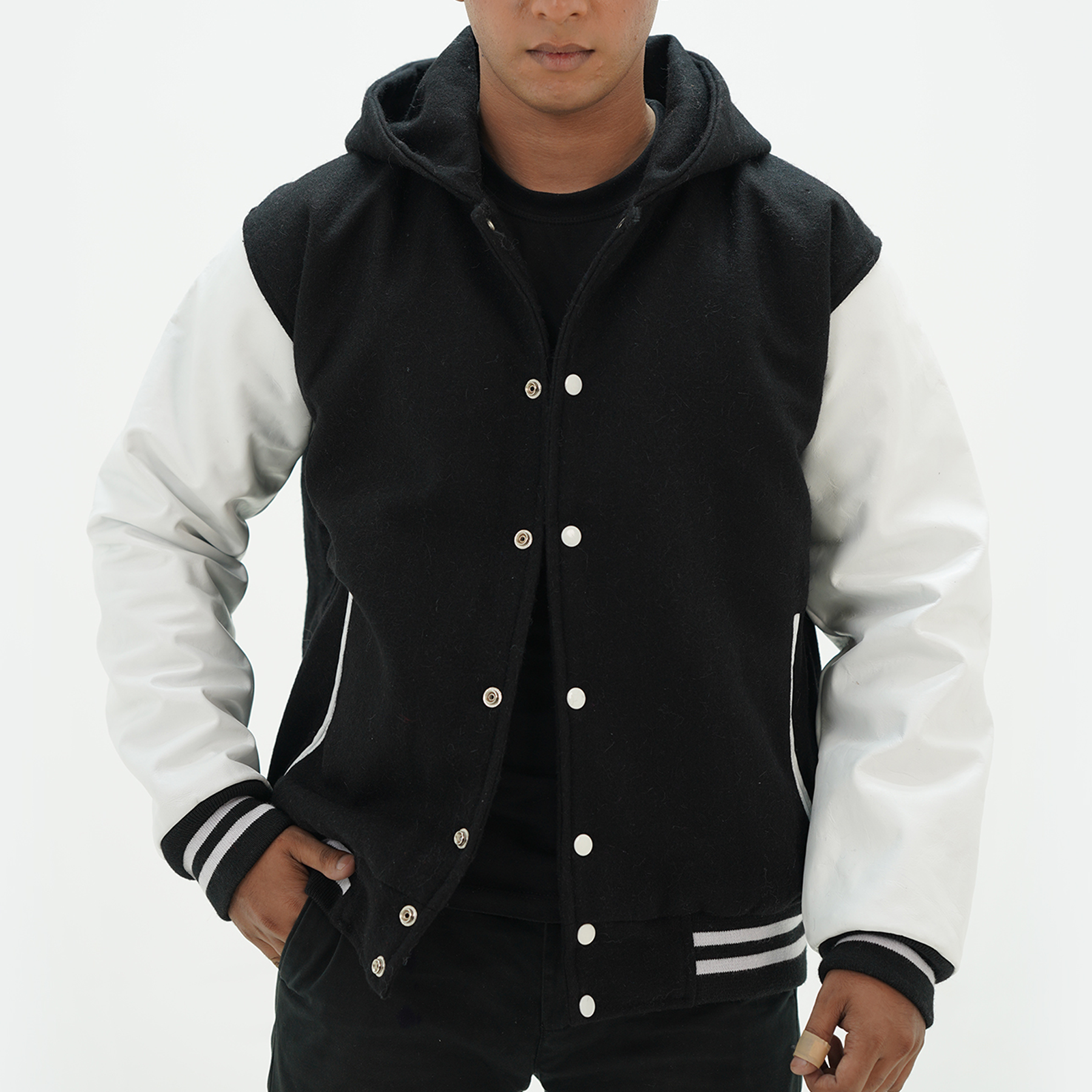 Black and white letterman jacket with hoodie - premium Melton wool body and genuine cowhide white leather sleeves