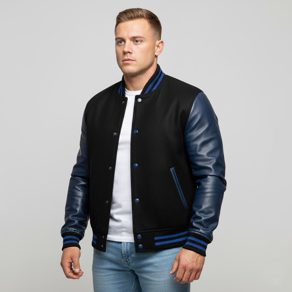 Man wearing a black and blue varsity jacket on a gray background