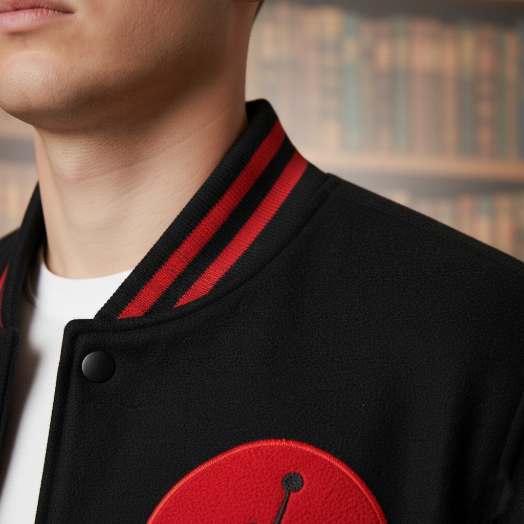 Person wearing a black jacket with red accents and a red circular design, blurred bookshelf in the background