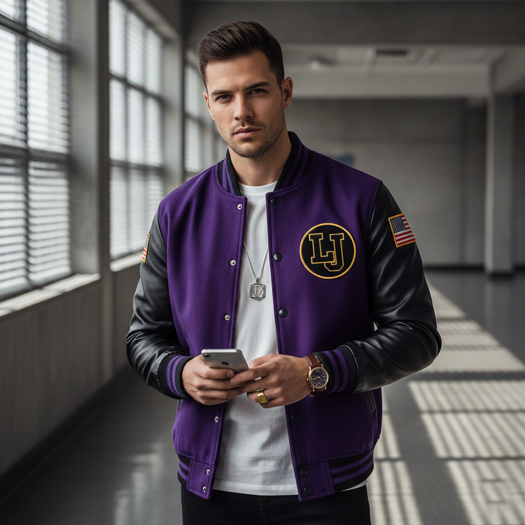 Man wearing a purple varsity jacket with a logo, standing in a modern indoor setting.