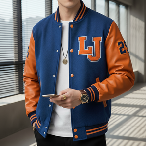 Person wearing a blue and orange letterman jacket with 'LJ' initials, holding a phone.