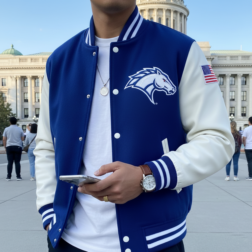 Person wearing a blue and white letterman jacket with a logo, holding a phone, in front of a building.