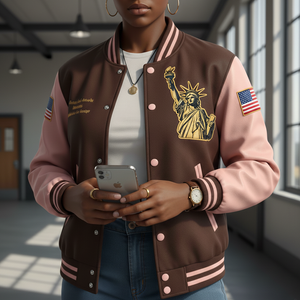 Person wearing a brown and pink varsity jacket with a statue of liberty design, holding a phone.