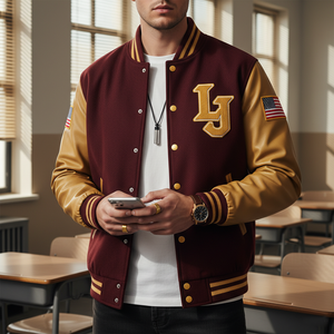 Person wearing a maroon and gold letterman jacket with 'LJ' emblem in a classroom setting.