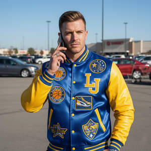 a person wearing Cal Varsity Jacket, standing in target car parking area
