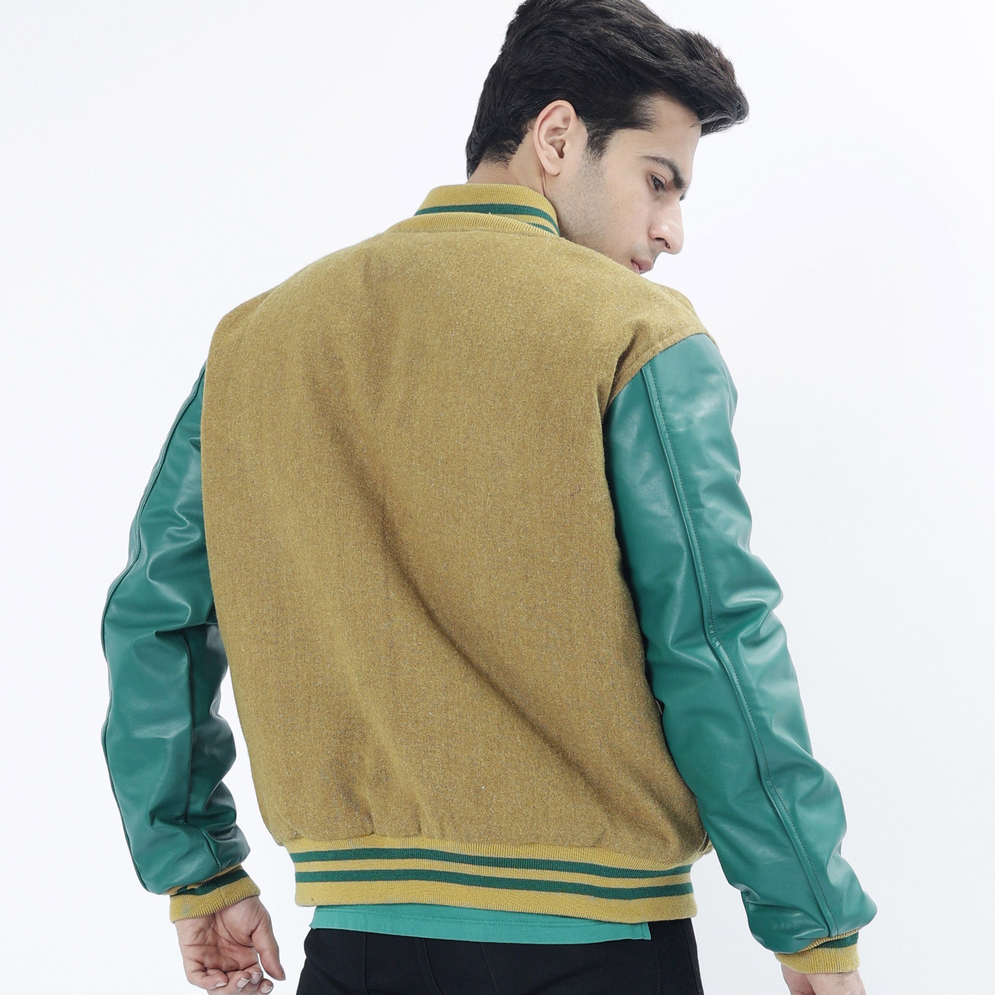 Camel Wool Body And Green Leather Sleeves Varsity Jacket