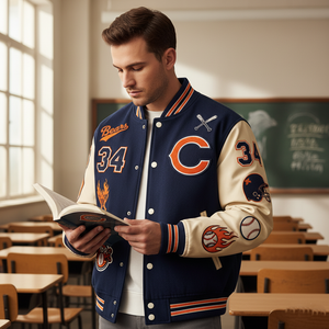 Man wearing a varsity jacket with sports logos in a classroom setting