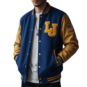 Person wearing a blue and gold letterman jacket with 'LJ' emblem in an indoor setting.