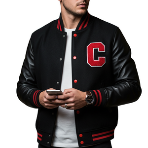 Black wool and leather varsity jacket with red and white 'C' patch and striped cuffs.