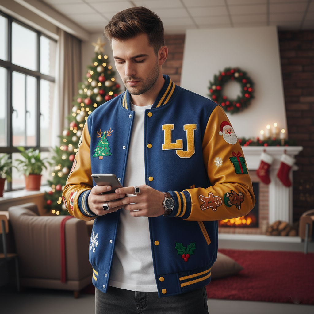 Man in a blue and gold varsity jacket with festive decorations in the background