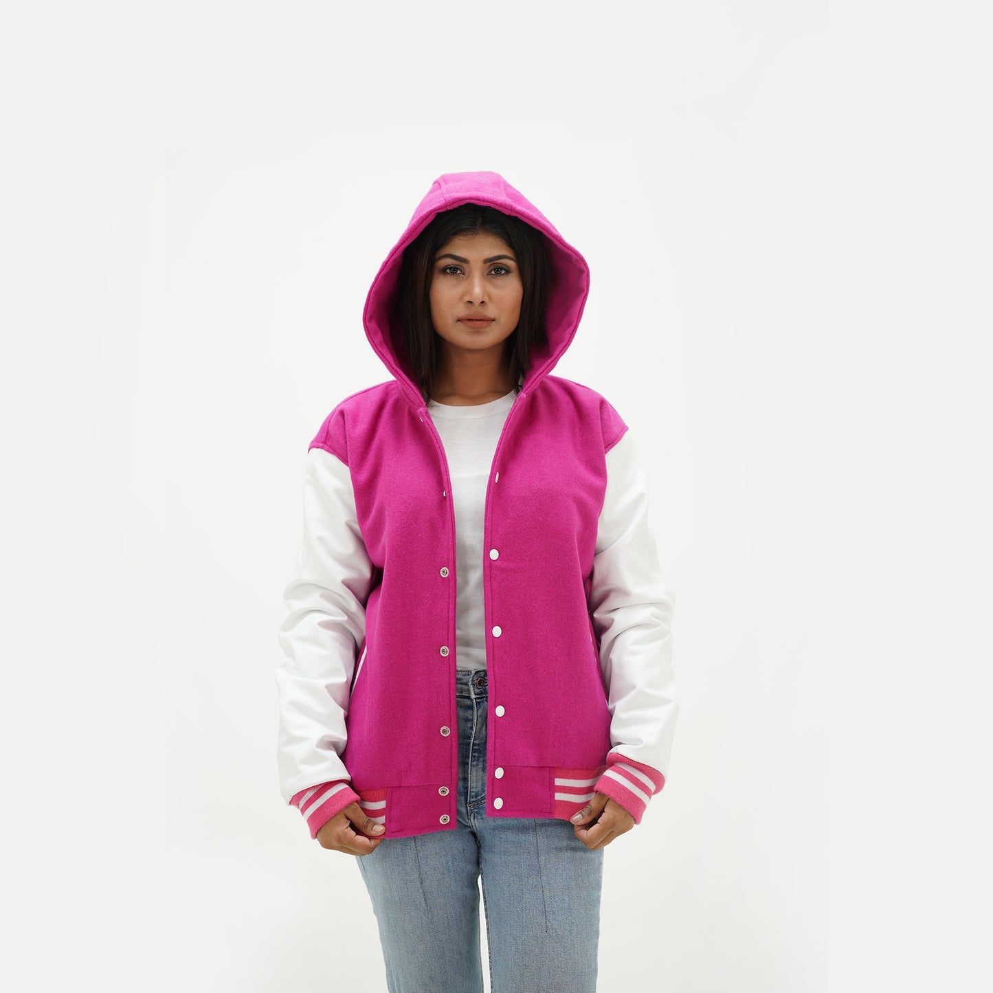 Girls Pink And White Hooded Letterman Jacket Leather Arms And Wool Body