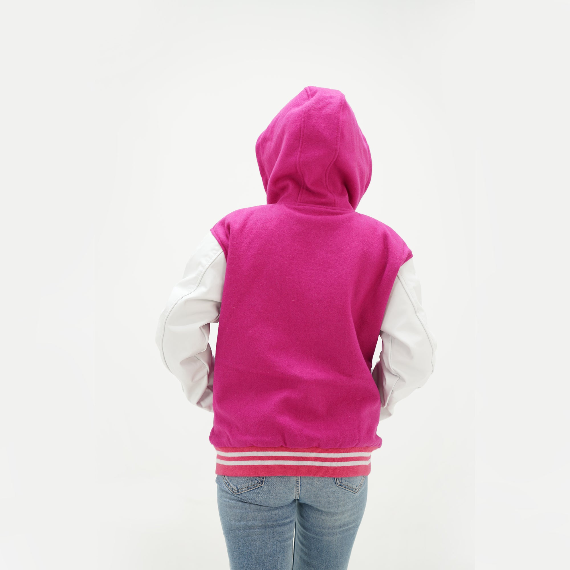 Girls Pink And White Hooded Letterman Jacket Leather Arms And Wool Body