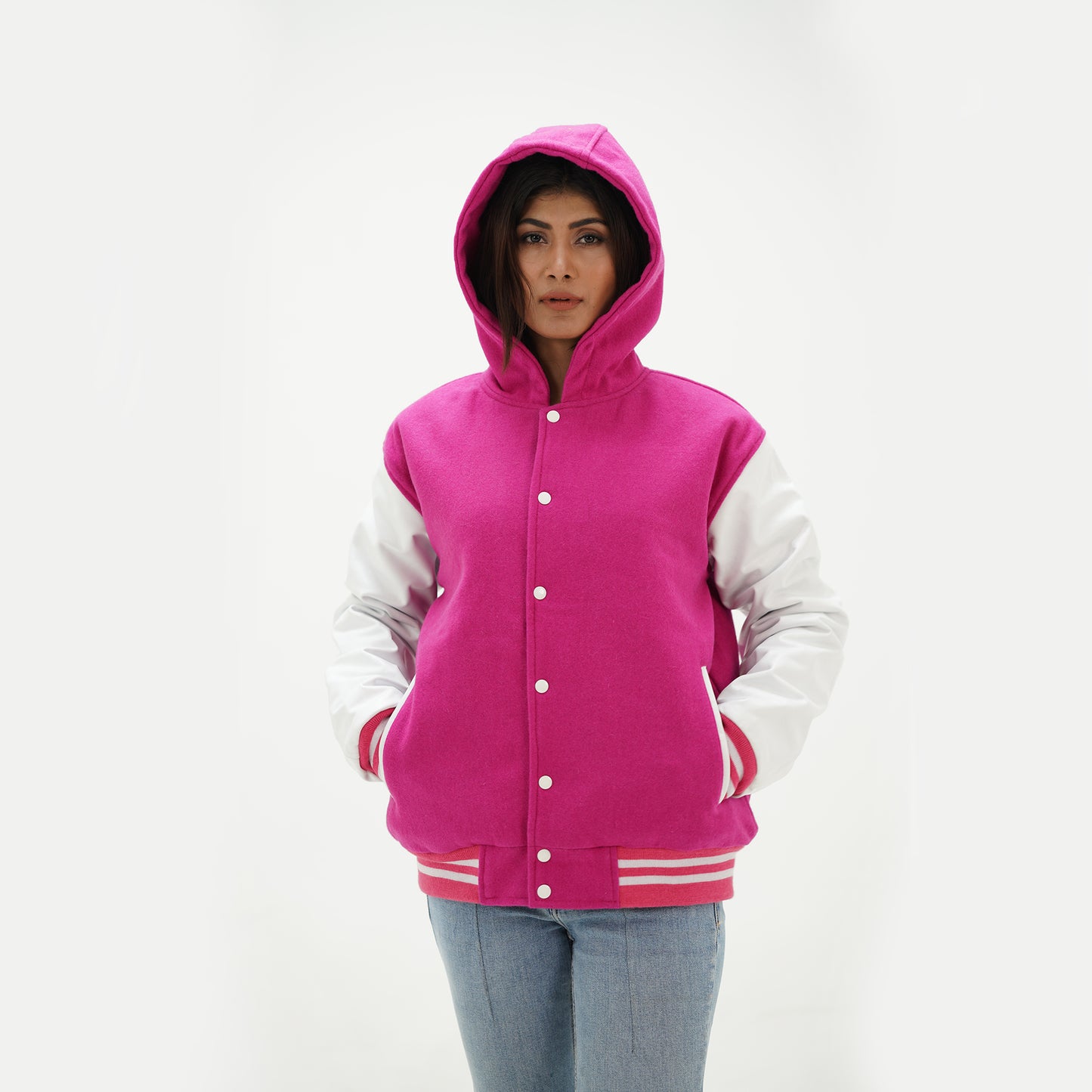 Girls Pink And White Hooded Letterman Jacket Leather Arms And Wool Body