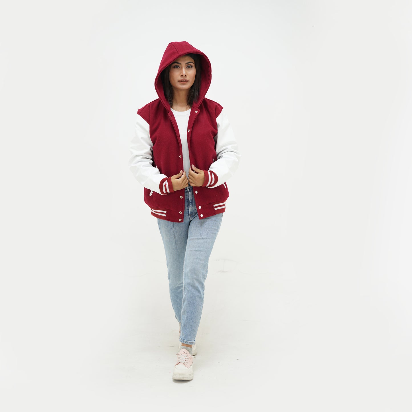 Women's Magenta And White Varsity Hoodie Jacket Leather Arms And Wool Body Varsity Jacket