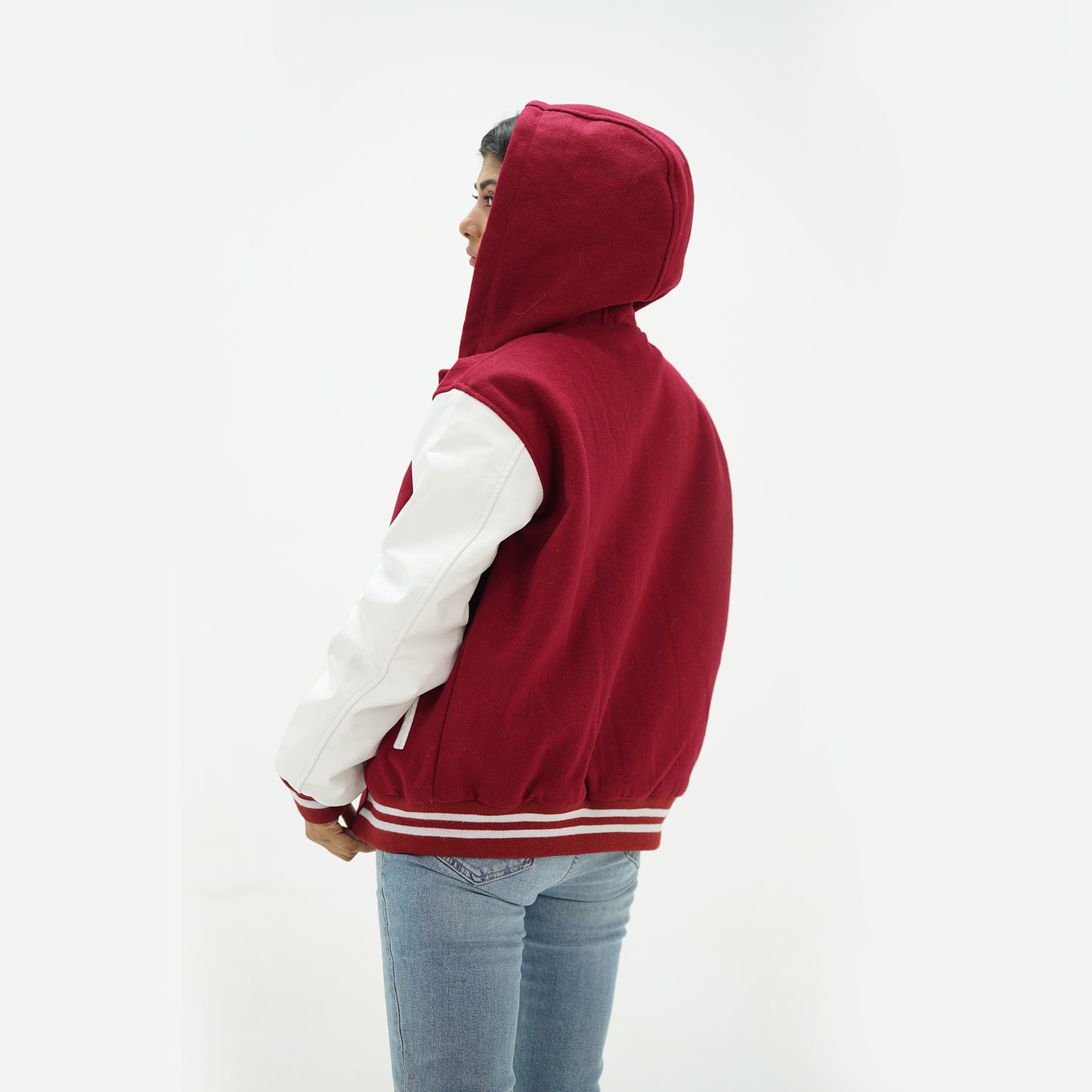 Women's Magenta And White Varsity Hoodie Jacket Leather Arms And Wool Body Varsity Jacket