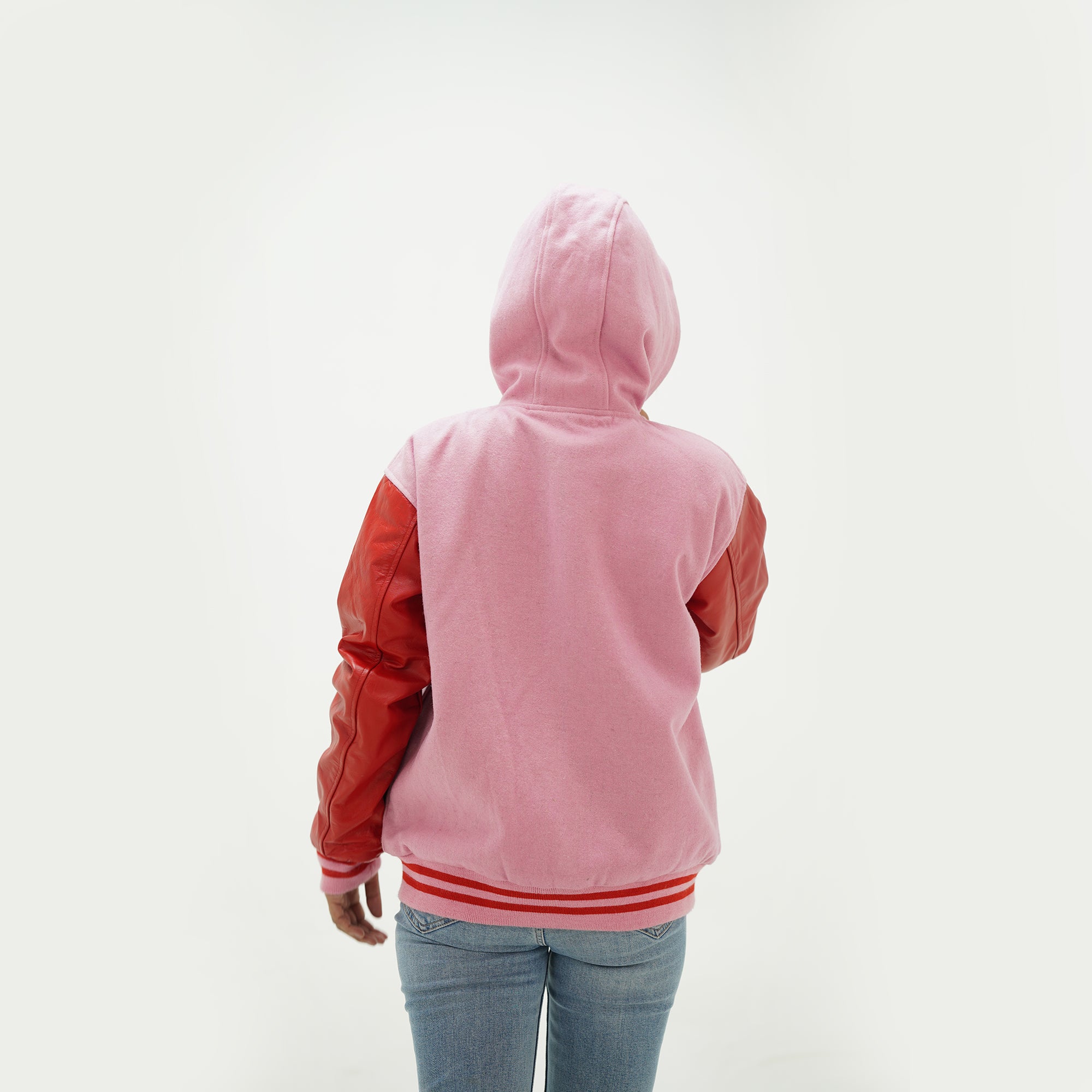 Women's Red And Pink Letterman Jacket Hoodie Leather Sleeves Wool Body