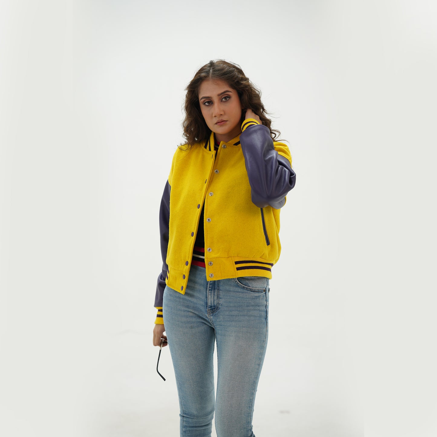 Women's Yellow And Blue Varsity Jacket Leather Arms And Wool Body
