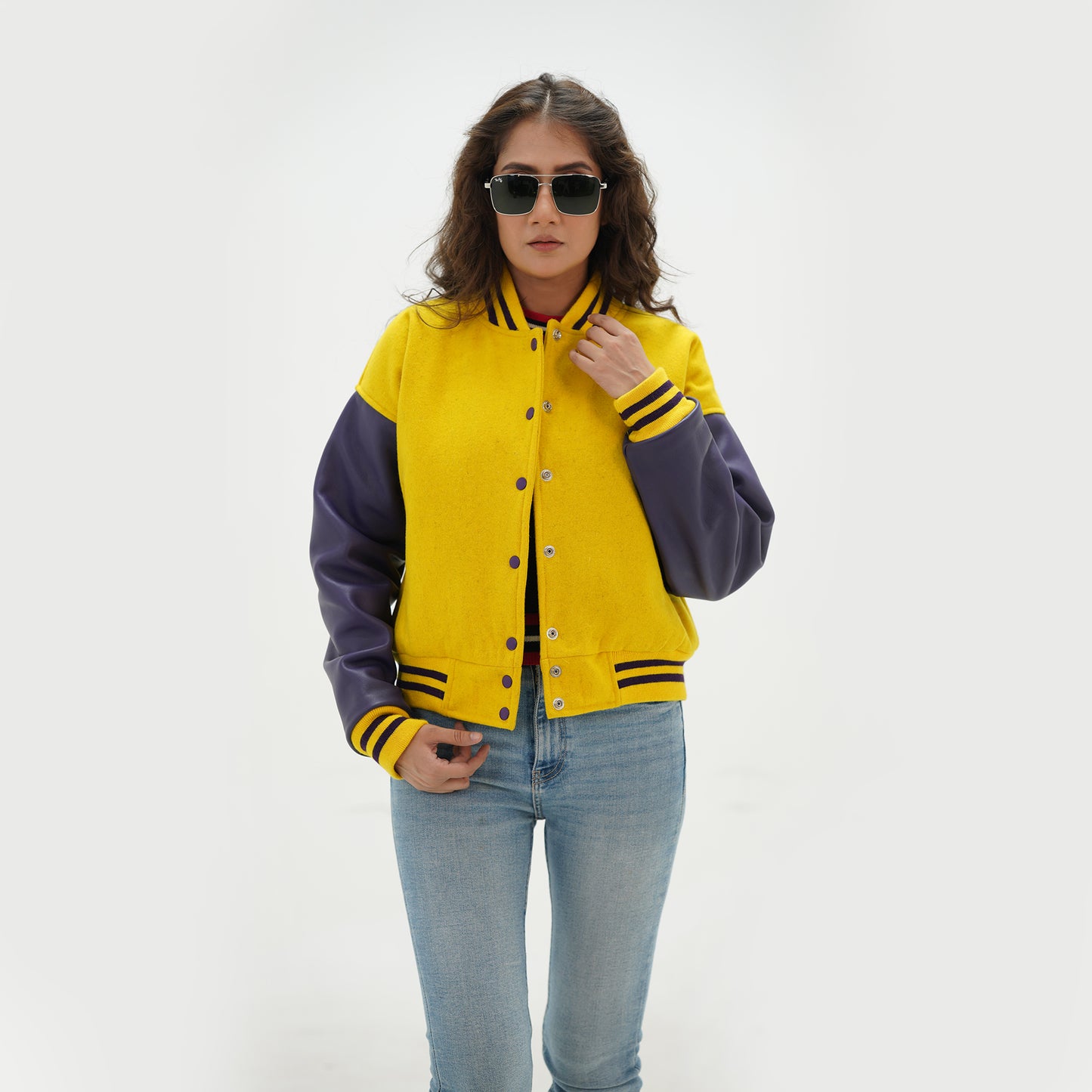 Women's Yellow And Blue Varsity Jacket Leather Arms And Wool Body