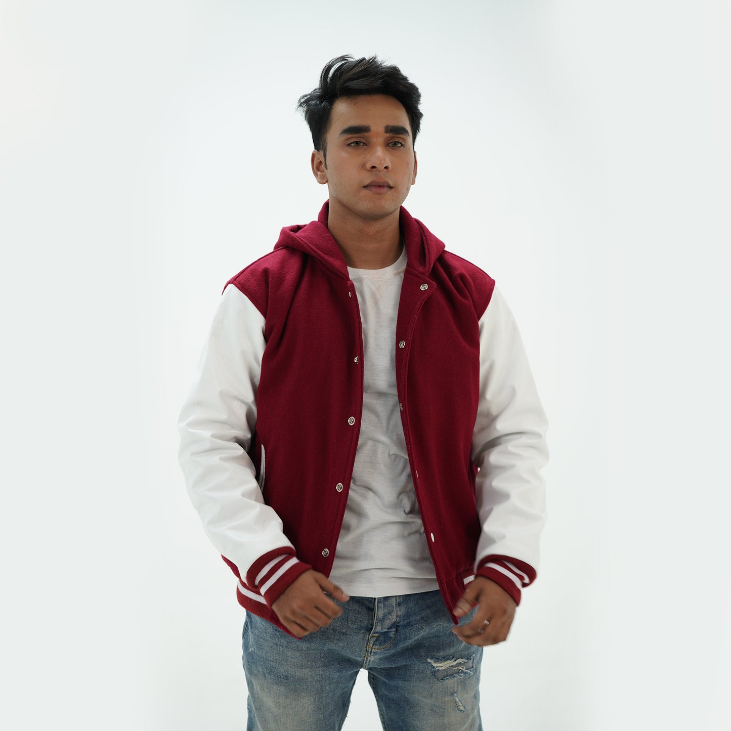 Men's Magenta And White Letterman Hoodie Jacket Wool Body And Leather Arms