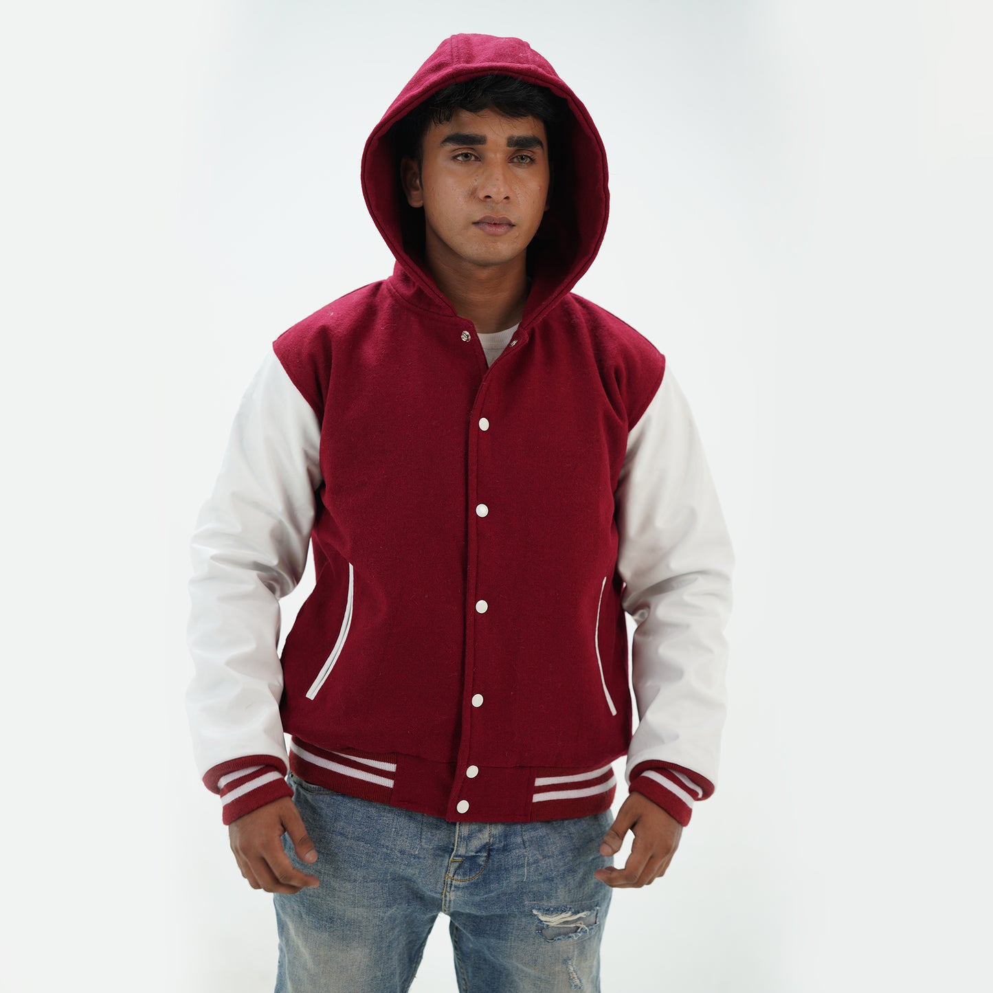 Men's Magenta And White Letterman Hoodie Jacket Wool Body And Leather Arms