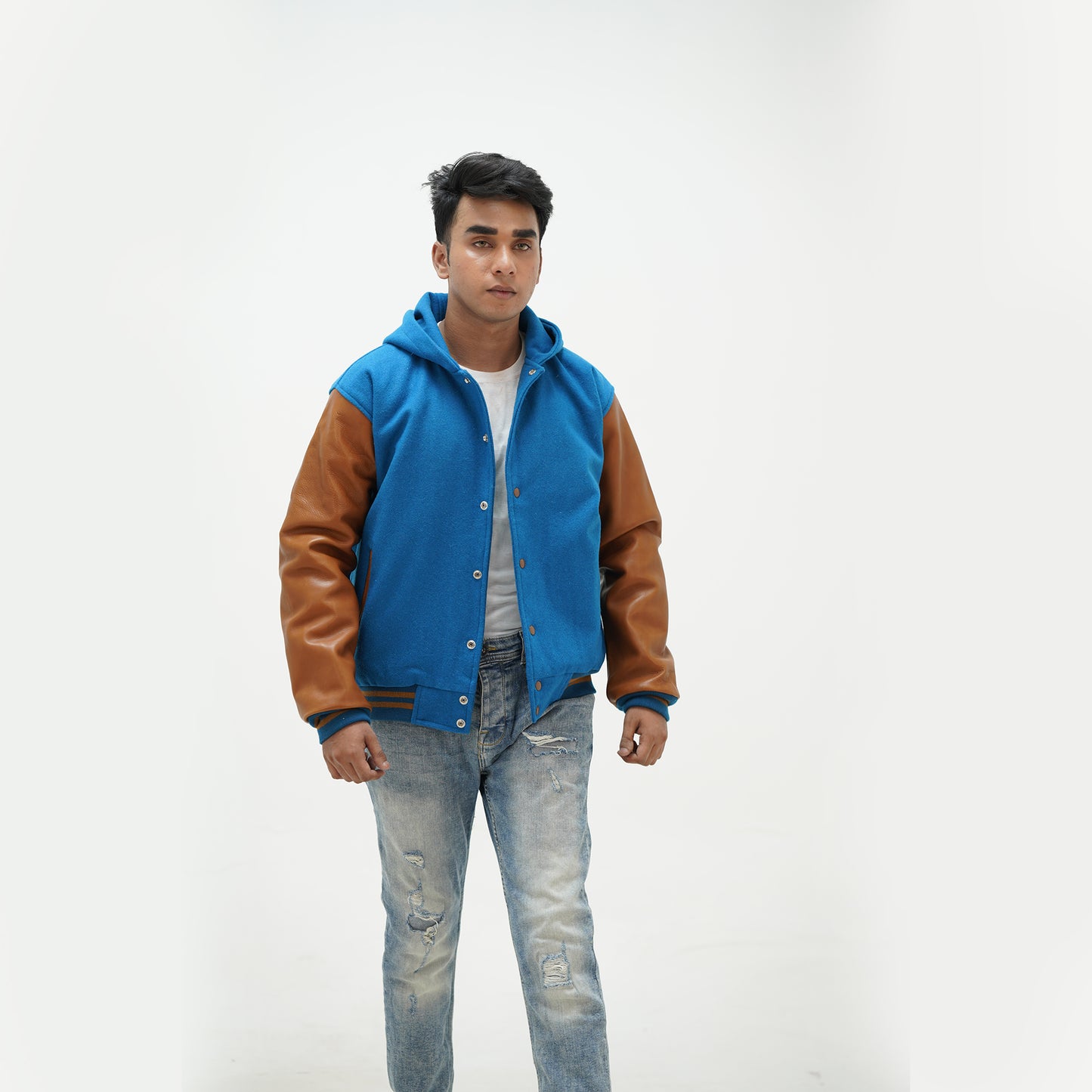 Men's Sky Blue Varsity Jacket Over Hoodie Leather Sleeves Wool Body