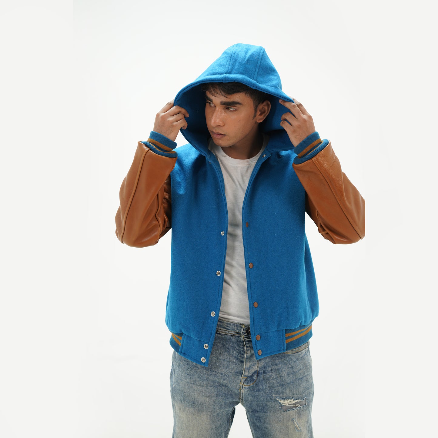 Men's Sky Blue Varsity Jacket Over Hoodie Leather Sleeves Wool Body