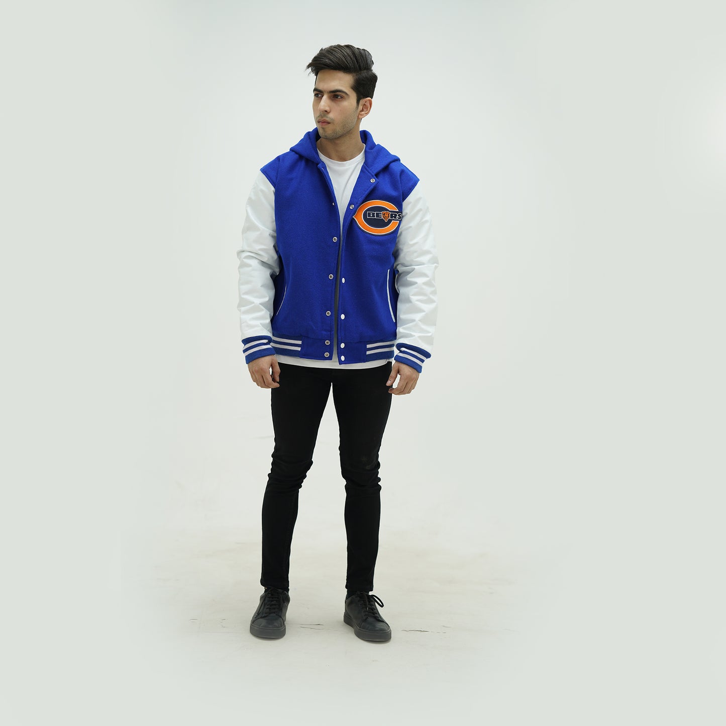 Chicago Bears Royal Blue Letterman Jacket With Hood Leather Arms And Wool Body