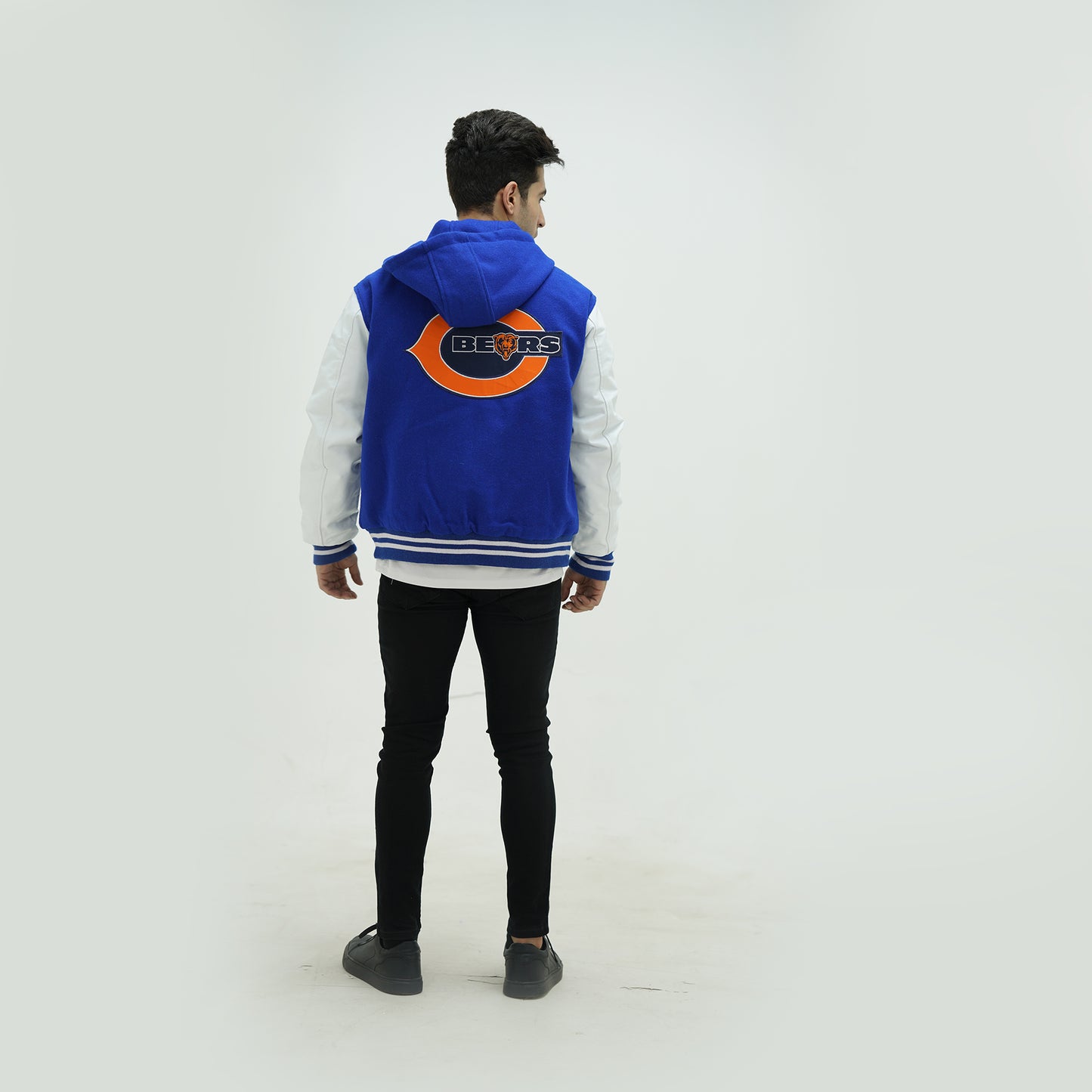 Chicago Bears Royal Blue Letterman Jacket With Hood Leather Arms And Wool Body