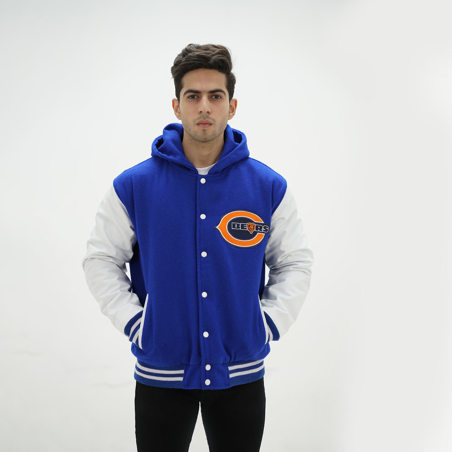 Chicago Bears Royal Blue Letterman Jacket With Hood Leather Arms And Wool Body