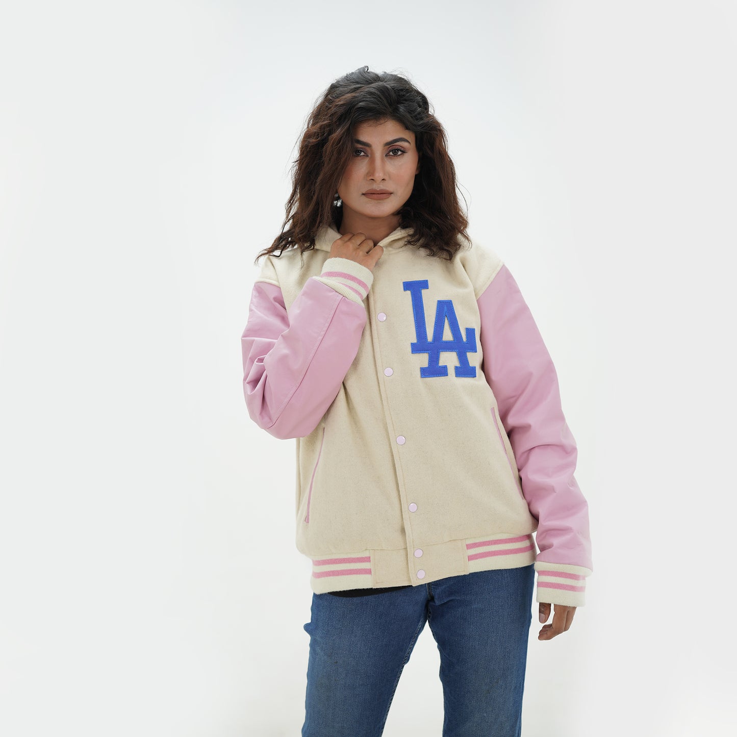 Women's Off White LA Los Angeles Dodgers Varsity Jacket Leather Arms And Wool Body