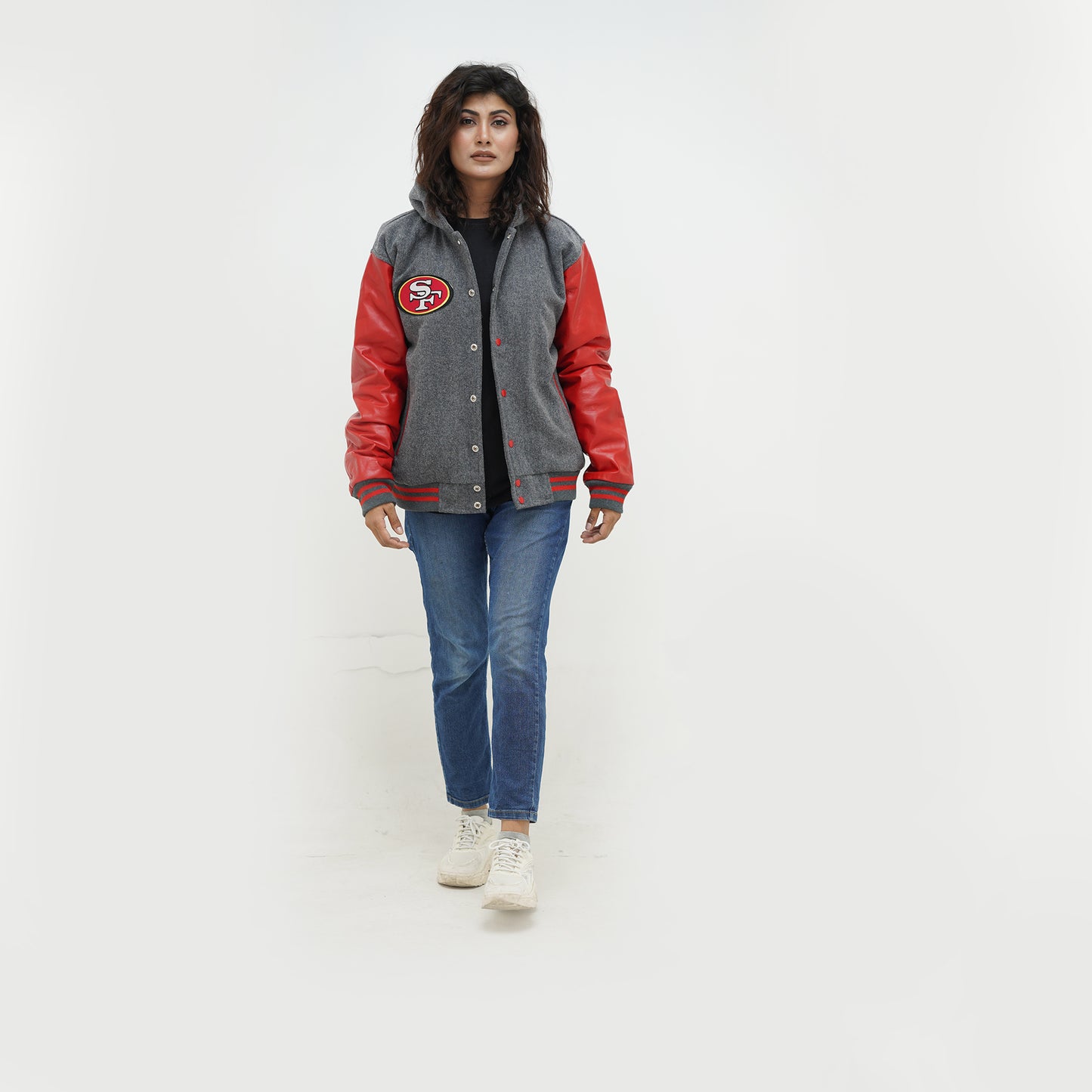 Women's San Francisco 49ers Varsity Jacket Leather Sleeves Wool Body Hoodie